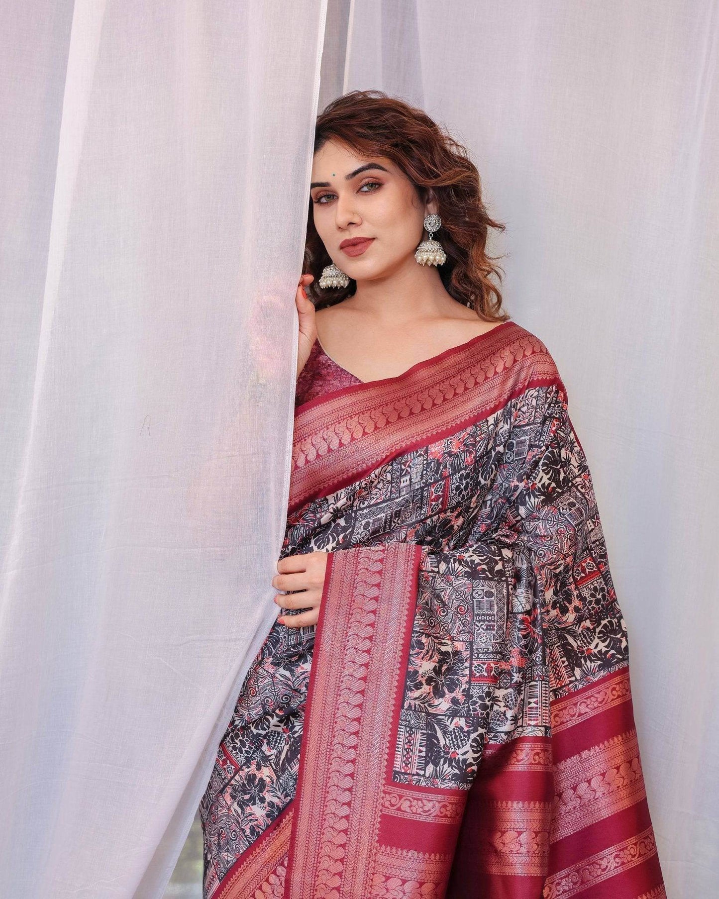 Maroon Banarasi Silk Saree with Intricate Patchwork Digital Print & Zari Border - SEEANS