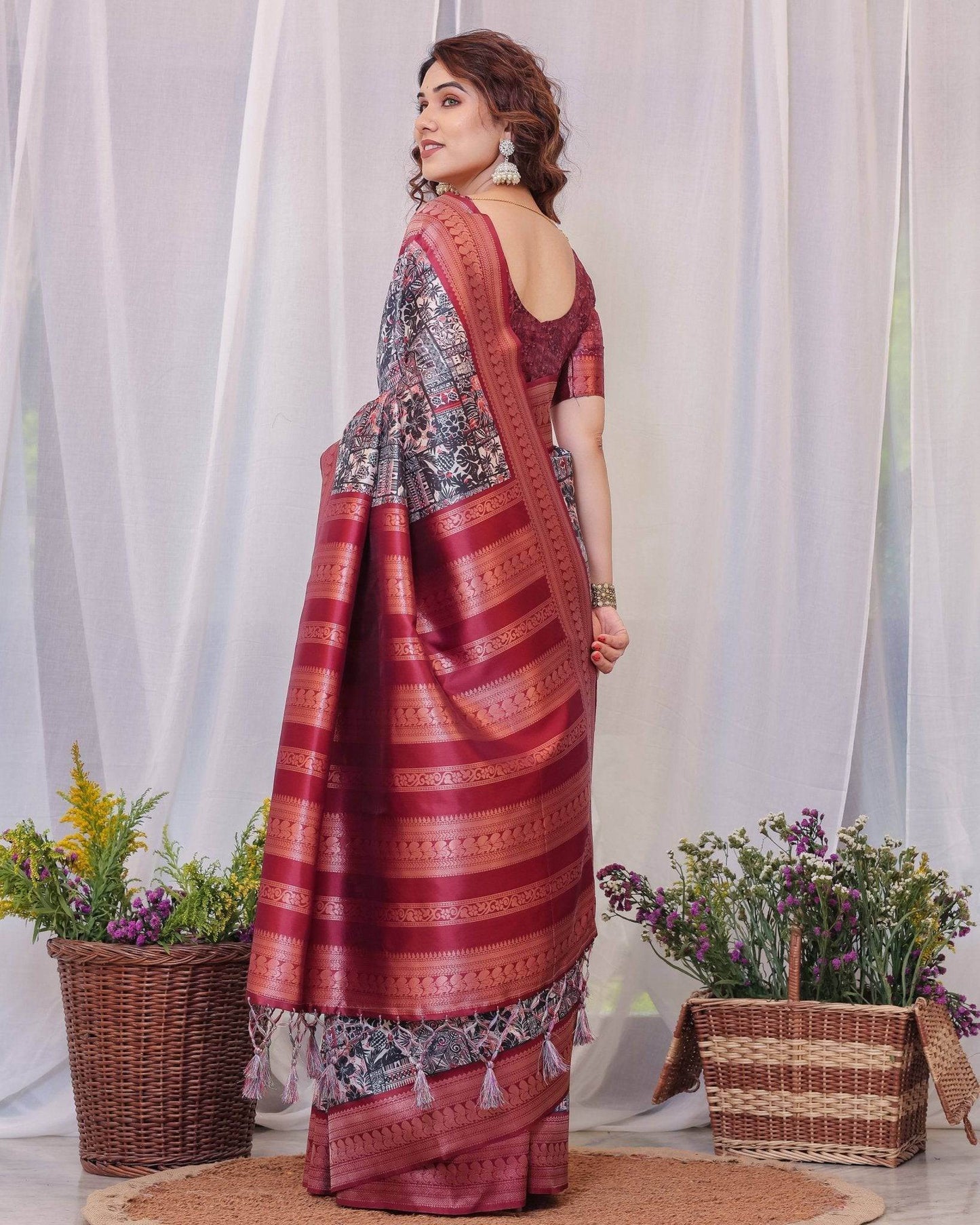 Maroon Banarasi Silk Saree with Intricate Patchwork Digital Print & Zari Border - SEEANS