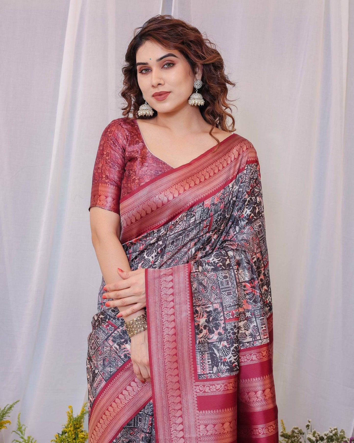 Maroon Banarasi Silk Saree with Intricate Patchwork Digital Print & Zari Border - SEEANS