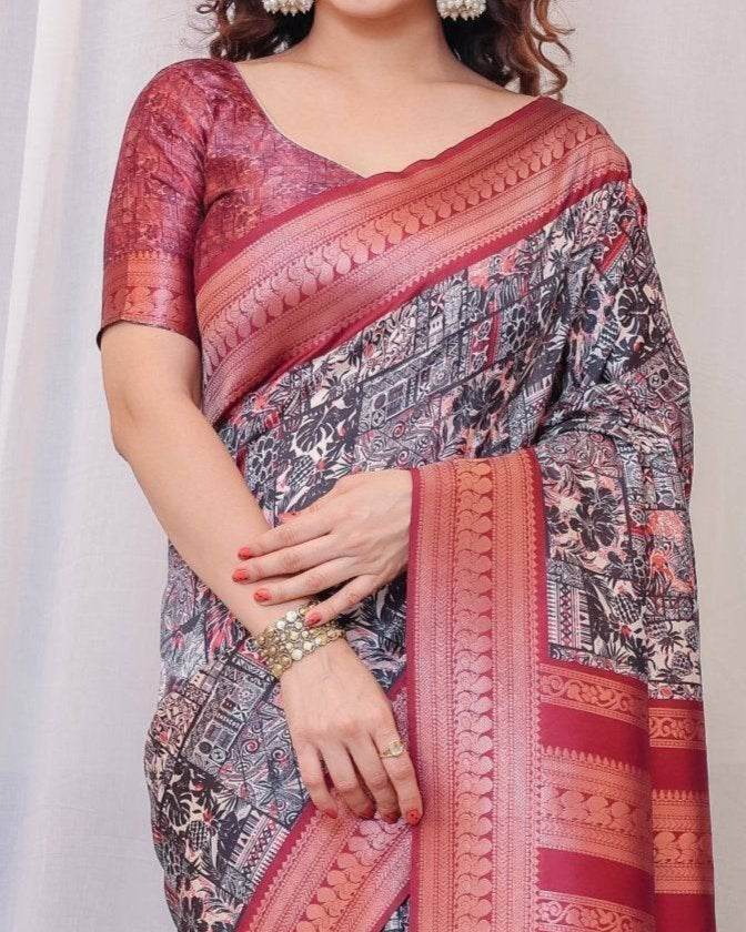 Maroon Banarasi Silk Saree with Intricate Patchwork Digital Print & Zari Border - SEEANS