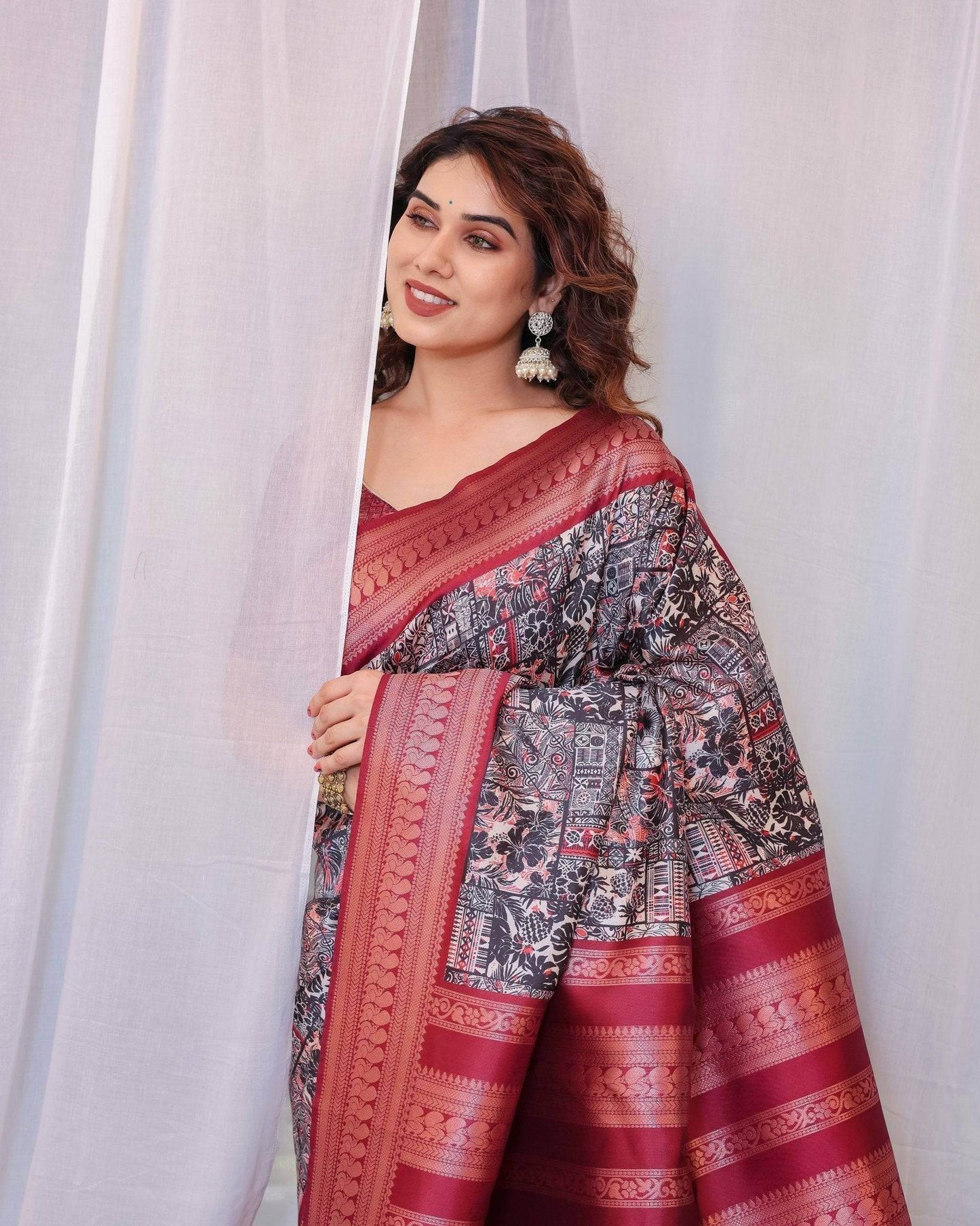 Maroon Banarasi Silk Saree with Intricate Patchwork Digital Print & Zari Border - SEEANS
