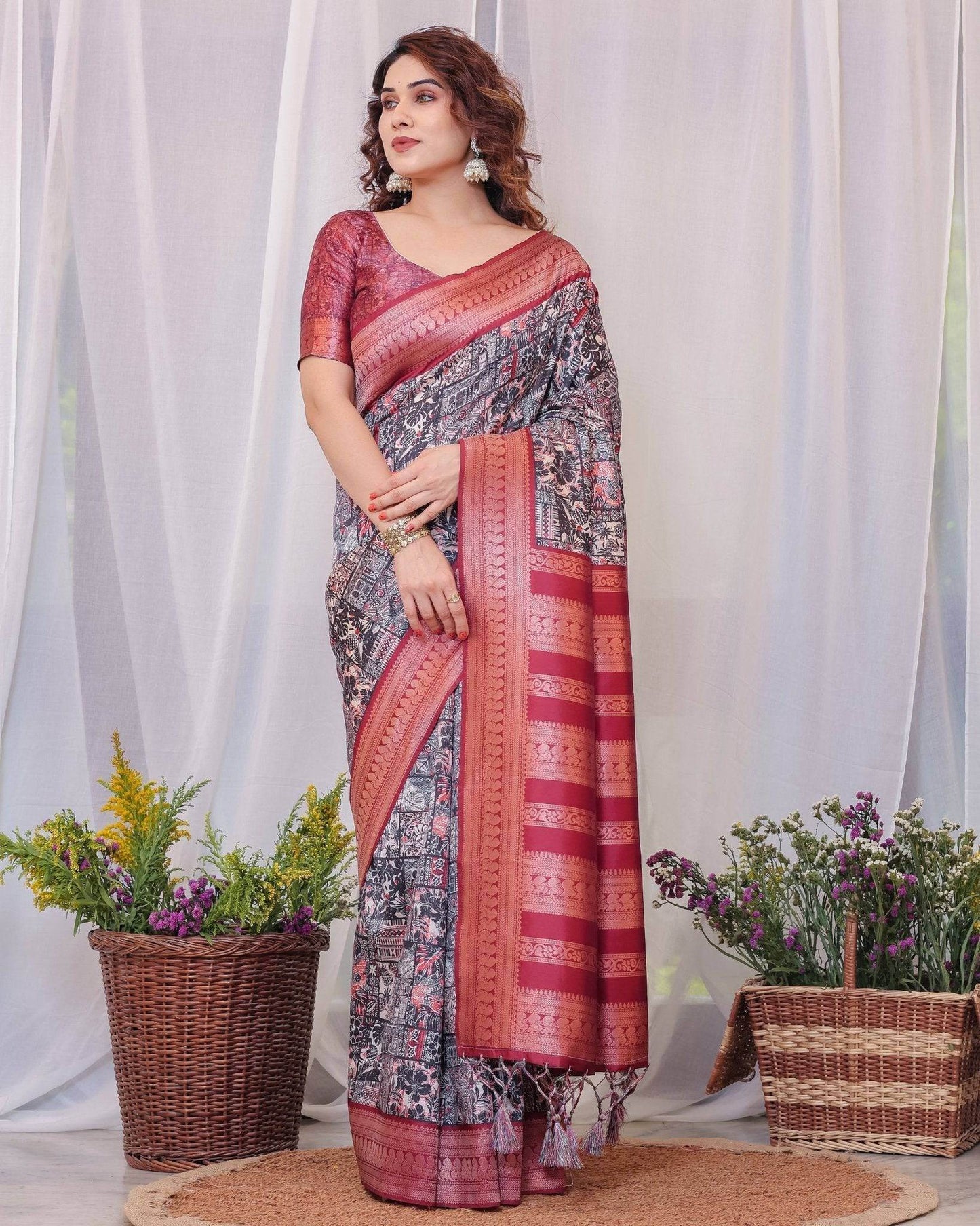 Maroon Banarasi Silk Saree with Intricate Patchwork Digital Print & Zari Border - SEEANS
