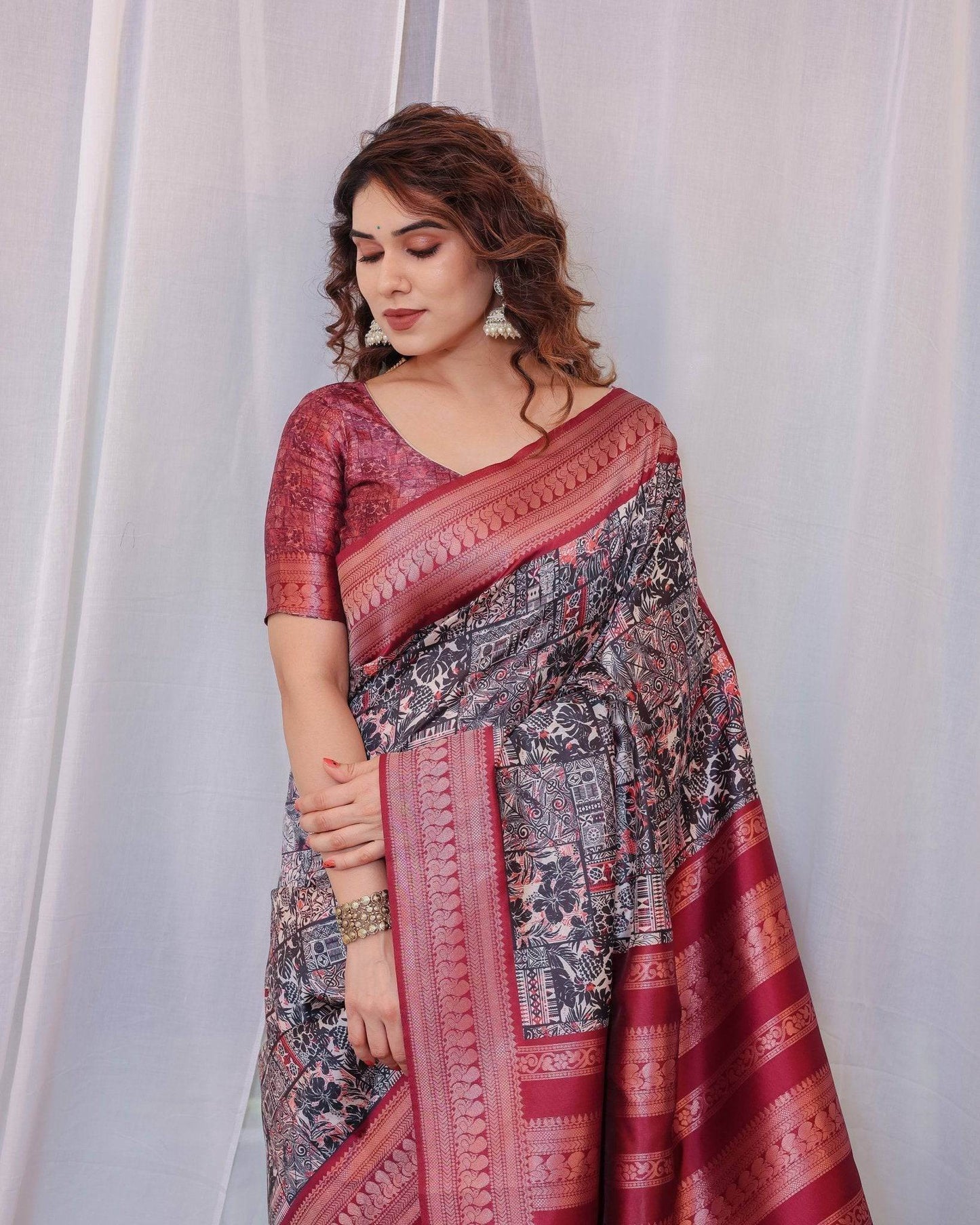 Maroon Banarasi Silk Saree with Intricate Patchwork Digital Print & Zari Border - SEEANS