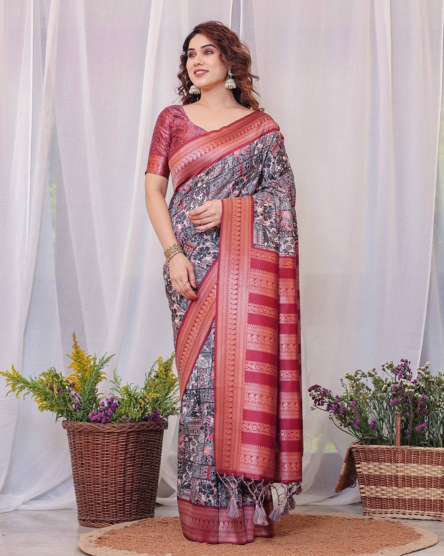 Maroon Banarasi Silk Saree with Intricate Patchwork Digital Print & Zari Border - SEEANS