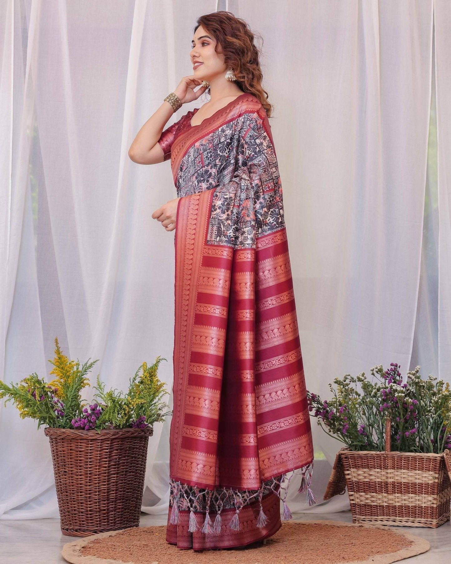 Maroon Banarasi Silk Saree with Intricate Patchwork Digital Print & Zari Border - SEEANS