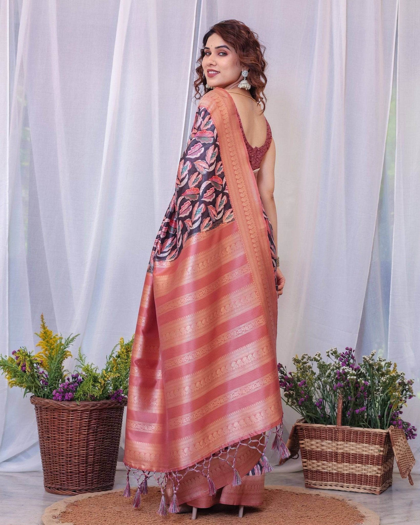 Elegant Black and Peach Banarasi Silk Saree with Leaf Motif and Tassels - SEEANS