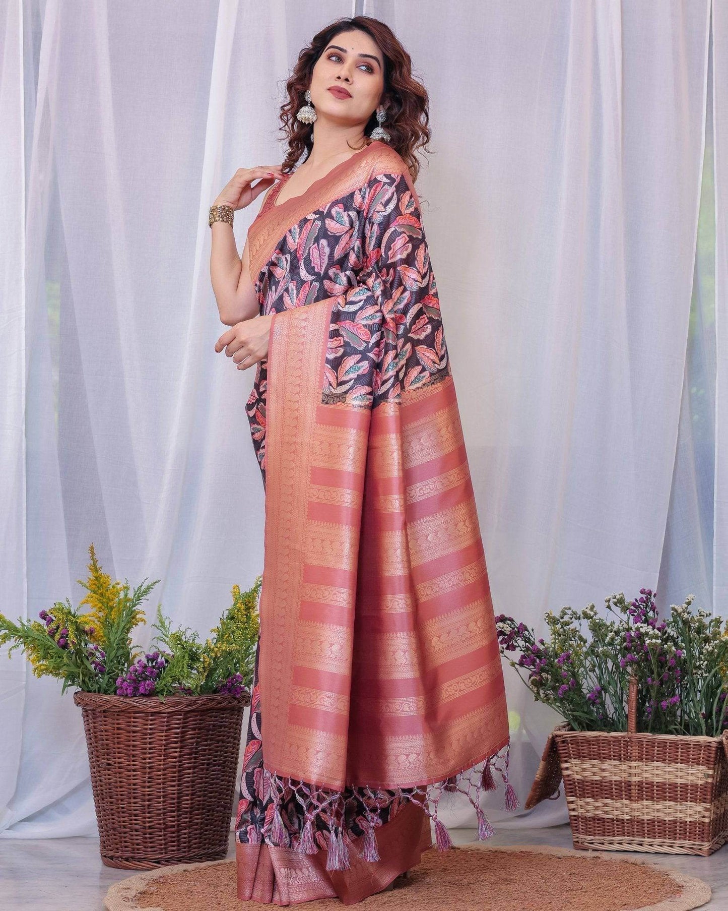 Elegant Black and Peach Banarasi Silk Saree with Leaf Motif and Tassels - SEEANS