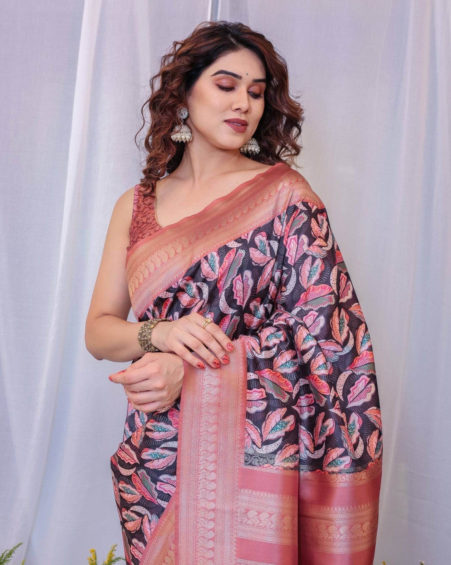 Elegant Black and Peach Banarasi Silk Saree with Leaf Motif and Tassels - SEEANS