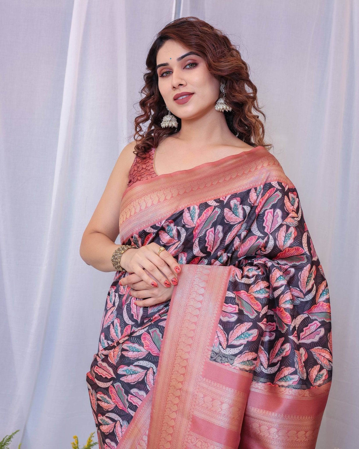 Elegant Black and Peach Banarasi Silk Saree with Leaf Motif and Tassels - SEEANS