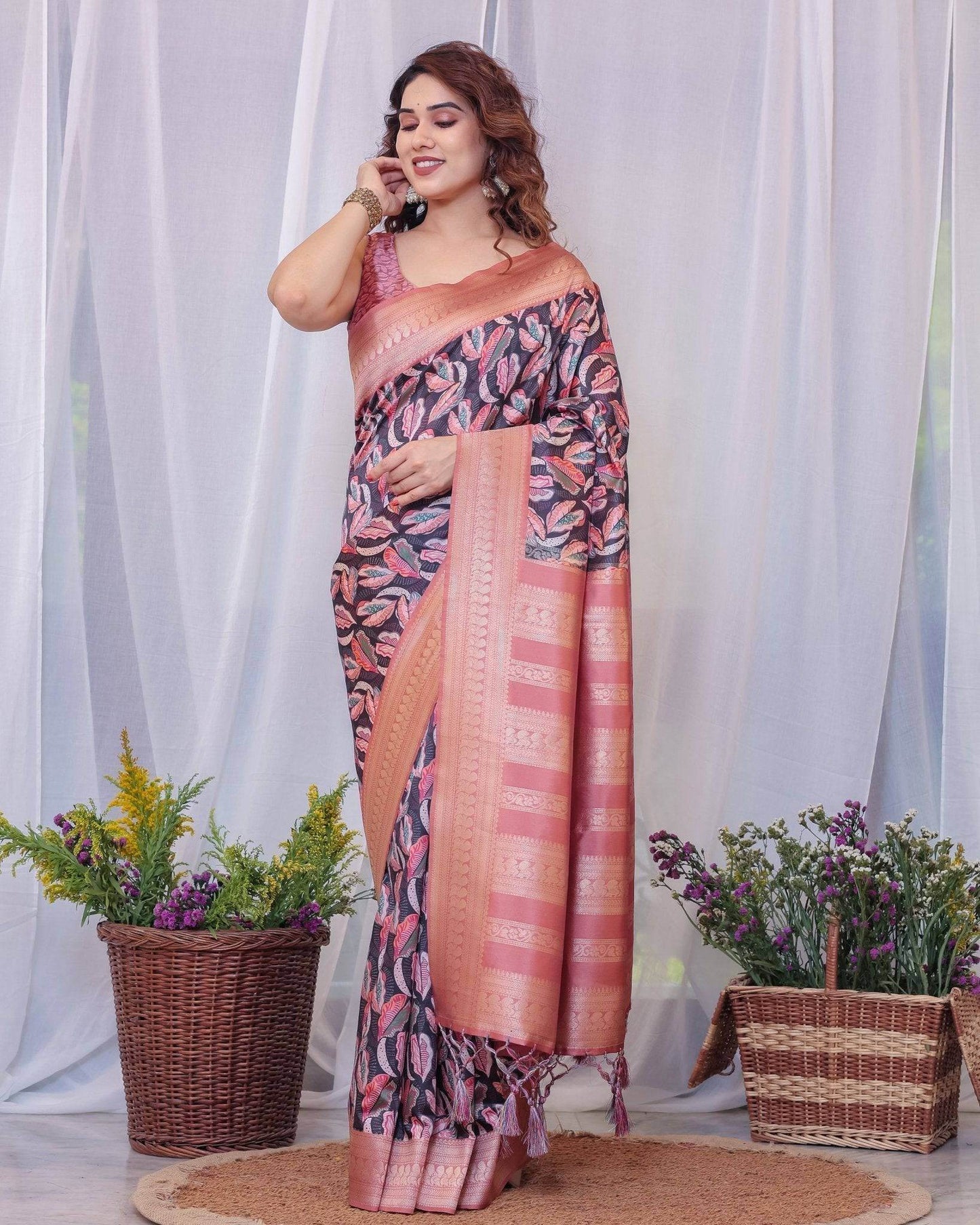Elegant Black and Peach Banarasi Silk Saree with Leaf Motif and Tassels - SEEANS