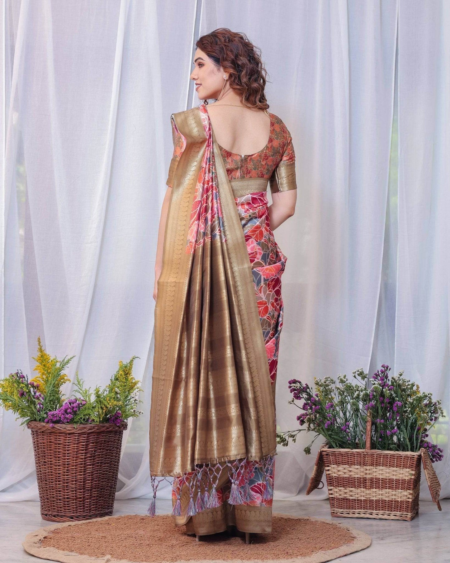 Radiant Red and Gold Banarasi Silk Saree with Floral Motifs and Tassels - SEEANS