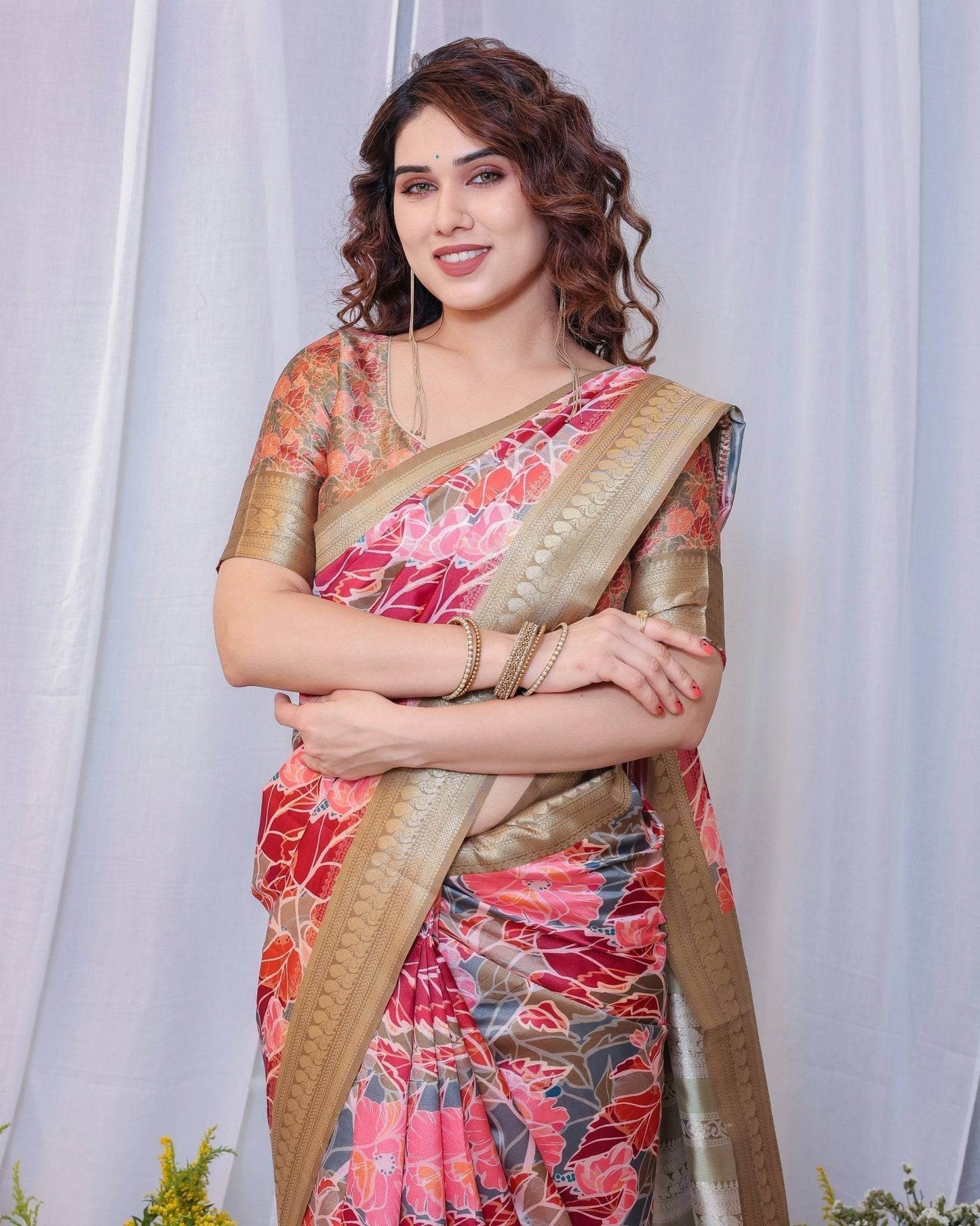 Radiant Red and Gold Banarasi Silk Saree with Floral Motifs and Tassels - SEEANS