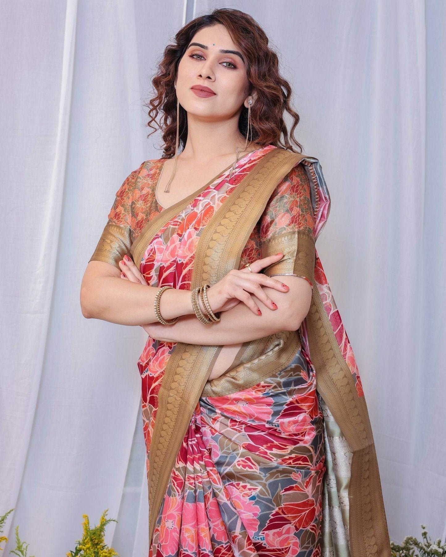 Radiant Red and Gold Banarasi Silk Saree with Floral Motifs and Tassels - SEEANS