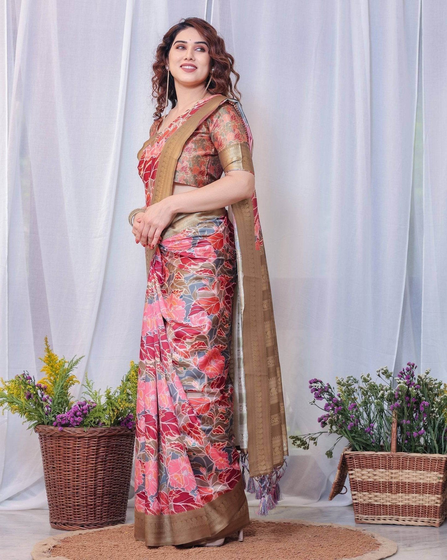 Radiant Red and Gold Banarasi Silk Saree with Floral Motifs and Tassels - SEEANS