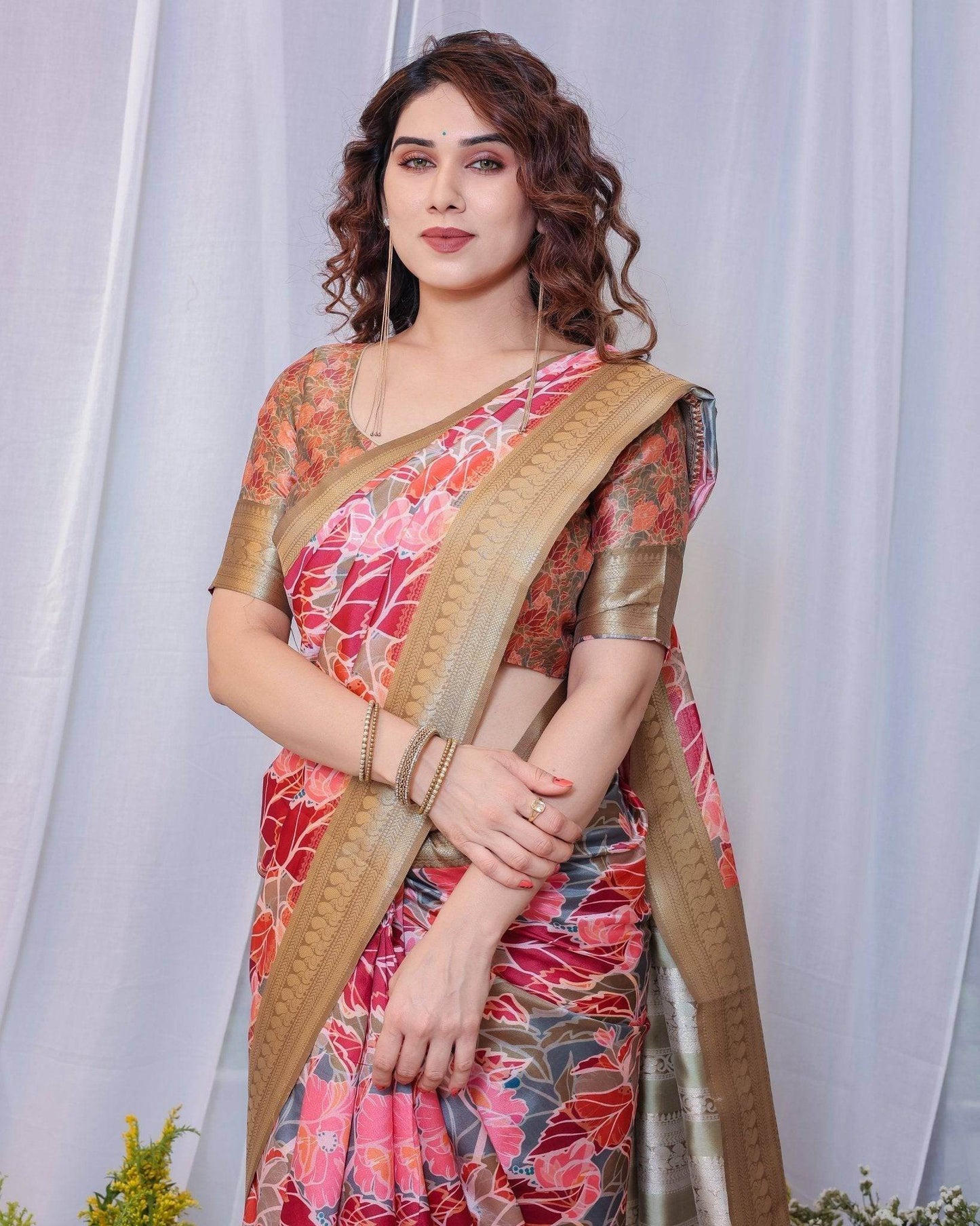 Radiant Red and Gold Banarasi Silk Saree with Floral Motifs and Tassels - SEEANS