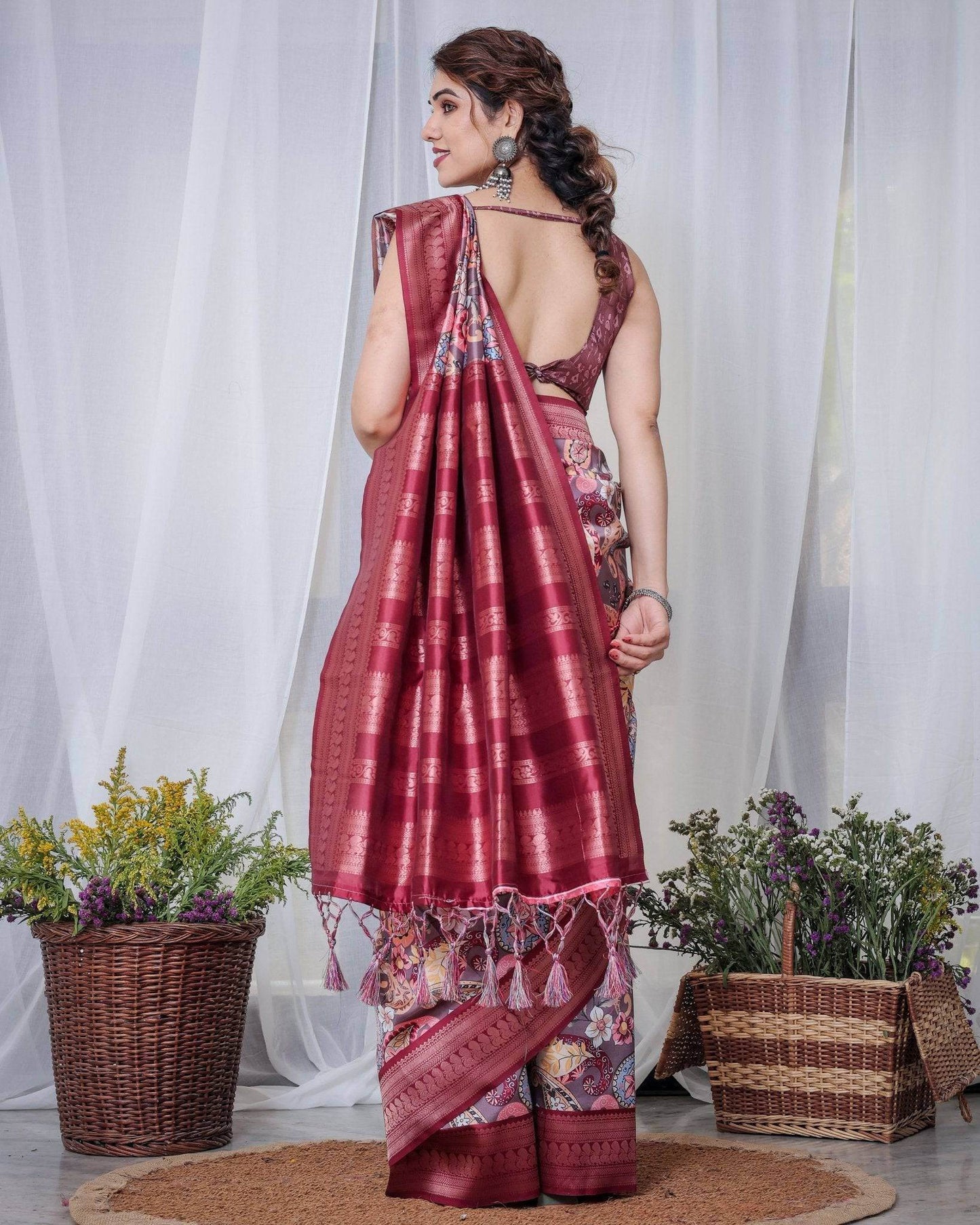 Luxurious Maroon Banarasi Silk Saree with Paisley Print and Tassels - SEEANS
