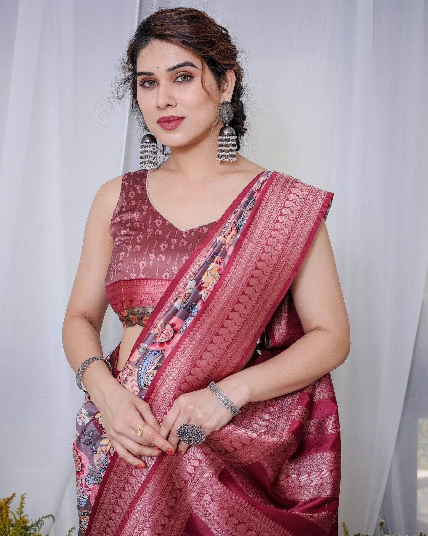 Luxurious Maroon Banarasi Silk Saree with Paisley Print and Tassels - SEEANS