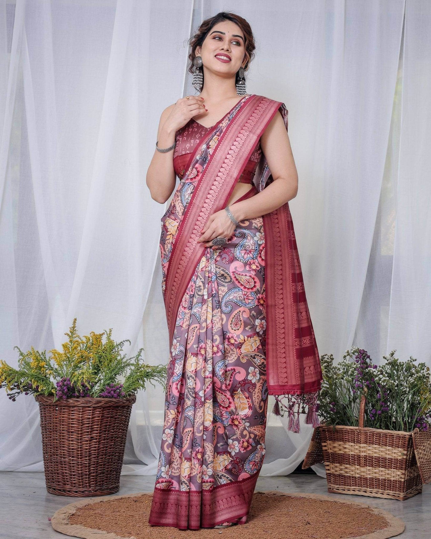 Luxurious Maroon Banarasi Silk Saree with Paisley Print and Tassels - SEEANS