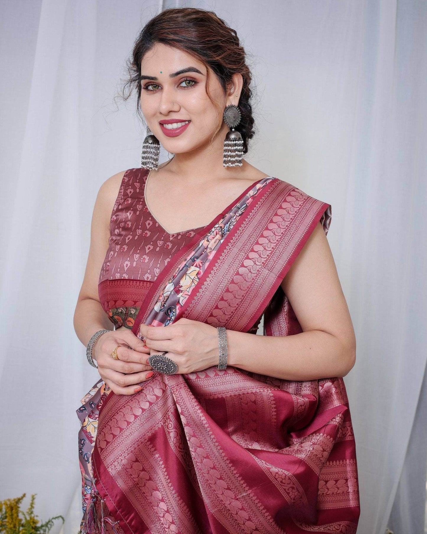 Luxurious Maroon Banarasi Silk Saree with Paisley Print and Tassels - SEEANS