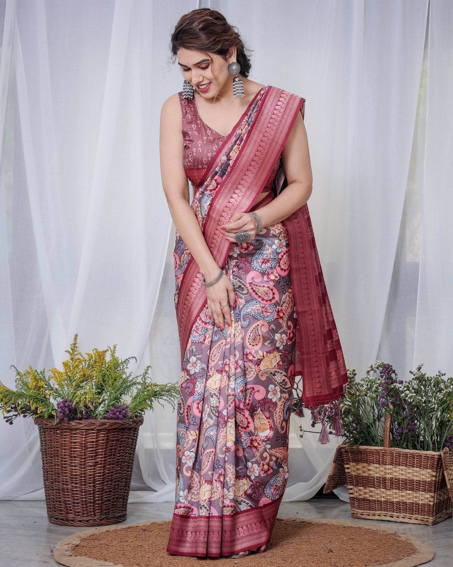 Luxurious Maroon Banarasi Silk Saree with Paisley Print and Tassels - SEEANS