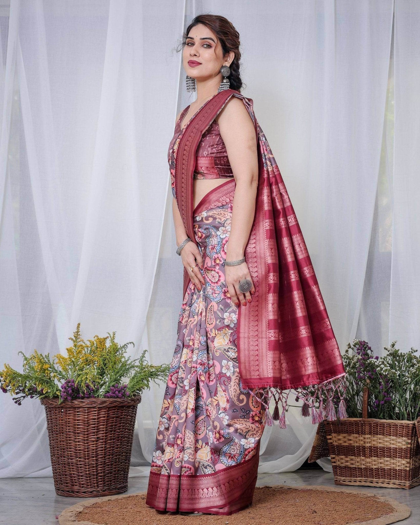 Luxurious Maroon Banarasi Silk Saree with Paisley Print and Tassels - SEEANS