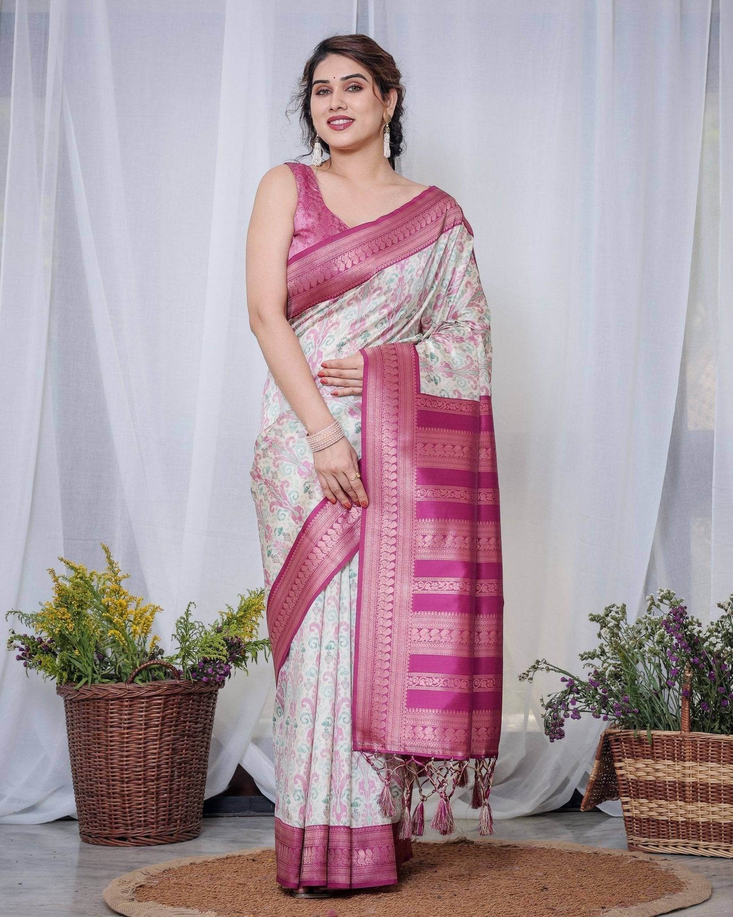 Ivory Banarasi Silk Saree with Pink Ikat Digital Print, Zari Border & Tassel Pallu - SEEANS