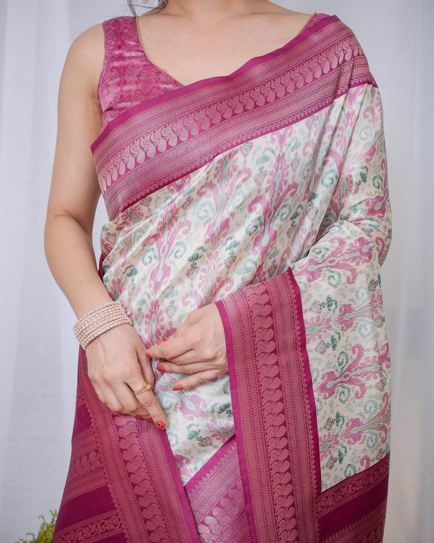 Ivory Banarasi Silk Saree with Pink Ikat Digital Print, Zari Border & Tassel Pallu - SEEANS