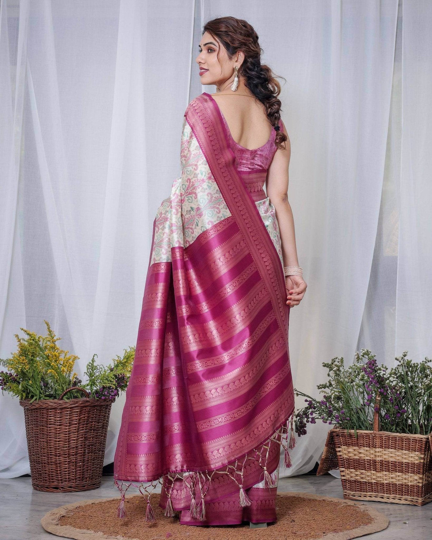 Ivory Banarasi Silk Saree with Pink Ikat Digital Print, Zari Border & Tassel Pallu - SEEANS