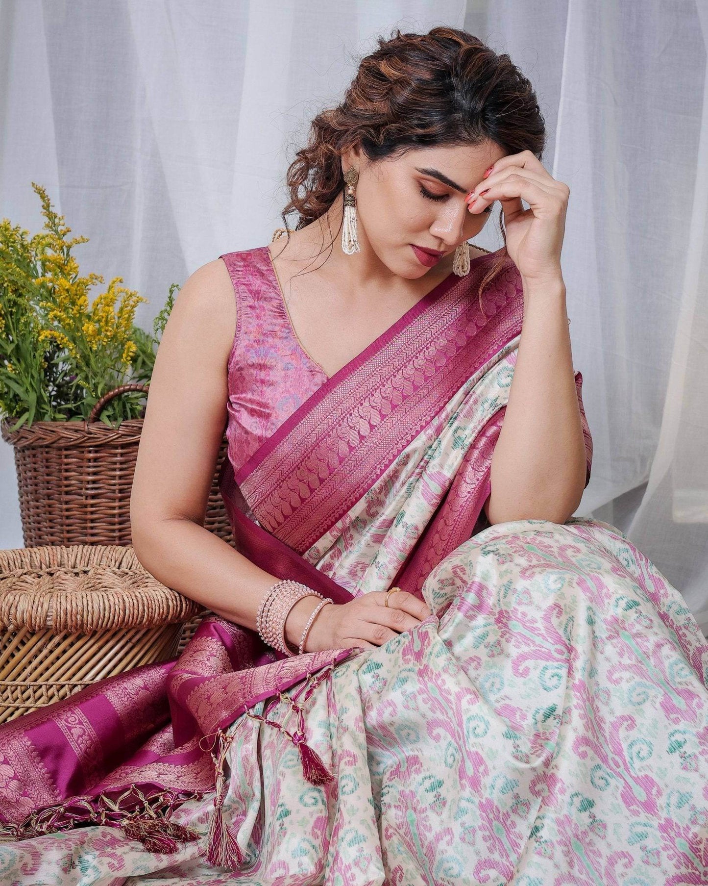 Ivory Banarasi Silk Saree with Pink Ikat Digital Print, Zari Border & Tassel Pallu - SEEANS