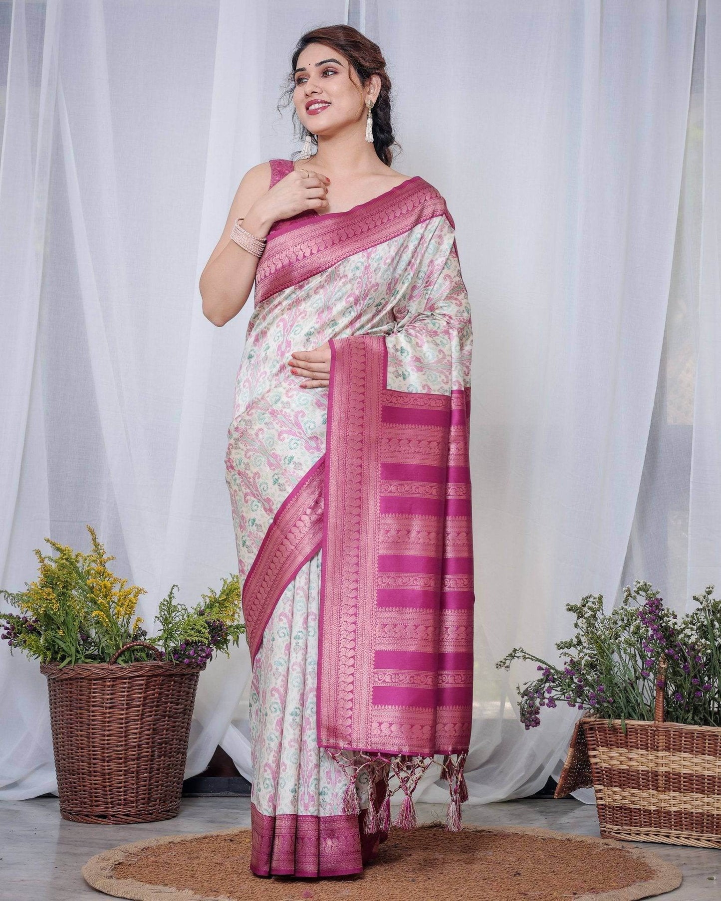 Ivory Banarasi Silk Saree with Pink Ikat Digital Print, Zari Border & Tassel Pallu - SEEANS