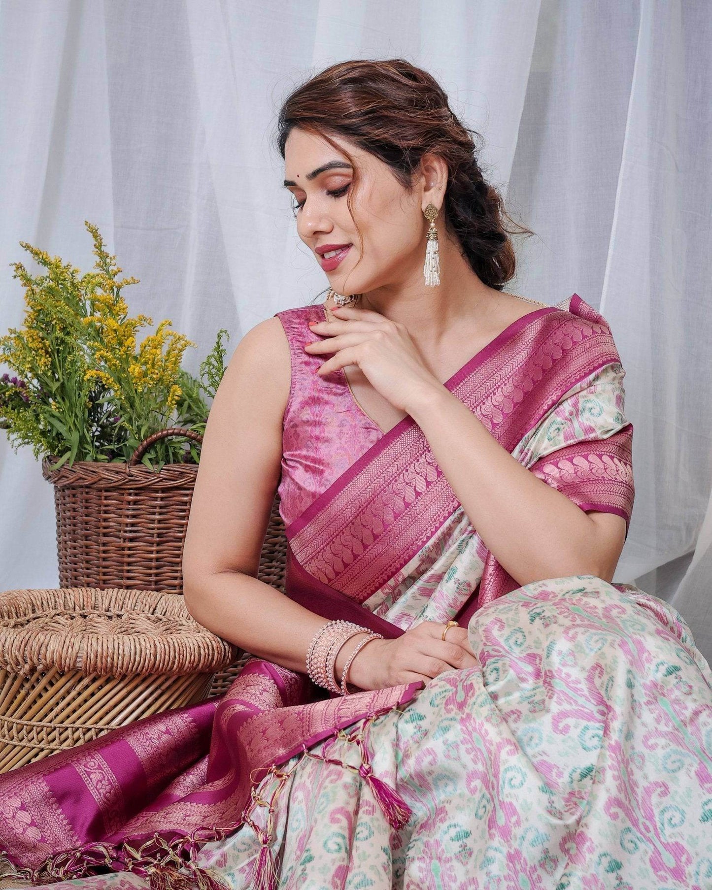Ivory Banarasi Silk Saree with Pink Ikat Digital Print, Zari Border & Tassel Pallu - SEEANS