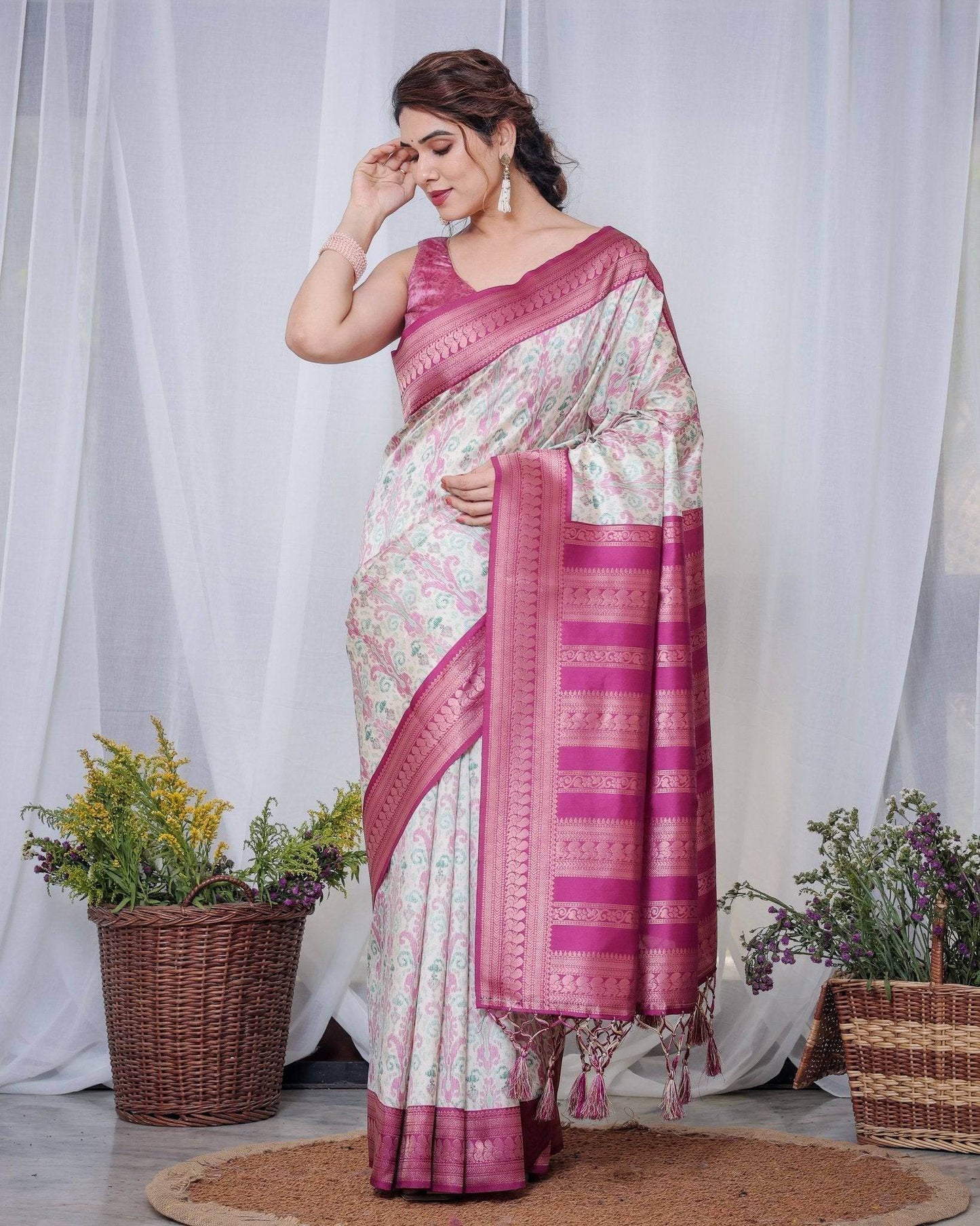 Ivory Banarasi Silk Saree with Pink Ikat Digital Print, Zari Border & Tassel Pallu - SEEANS