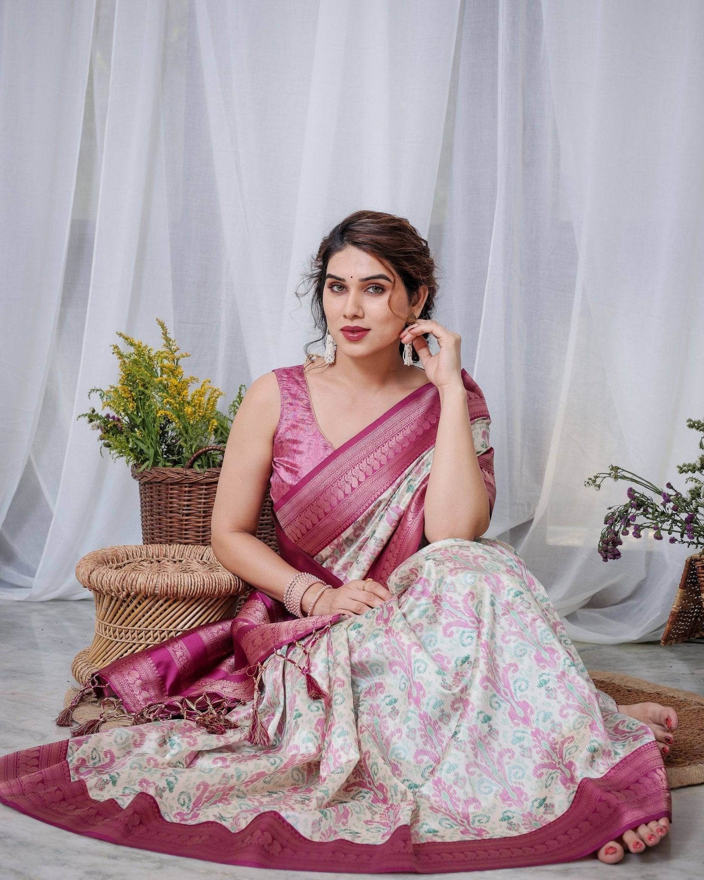 Ivory Banarasi Silk Saree with Pink Ikat Digital Print, Zari Border & Tassel Pallu - SEEANS