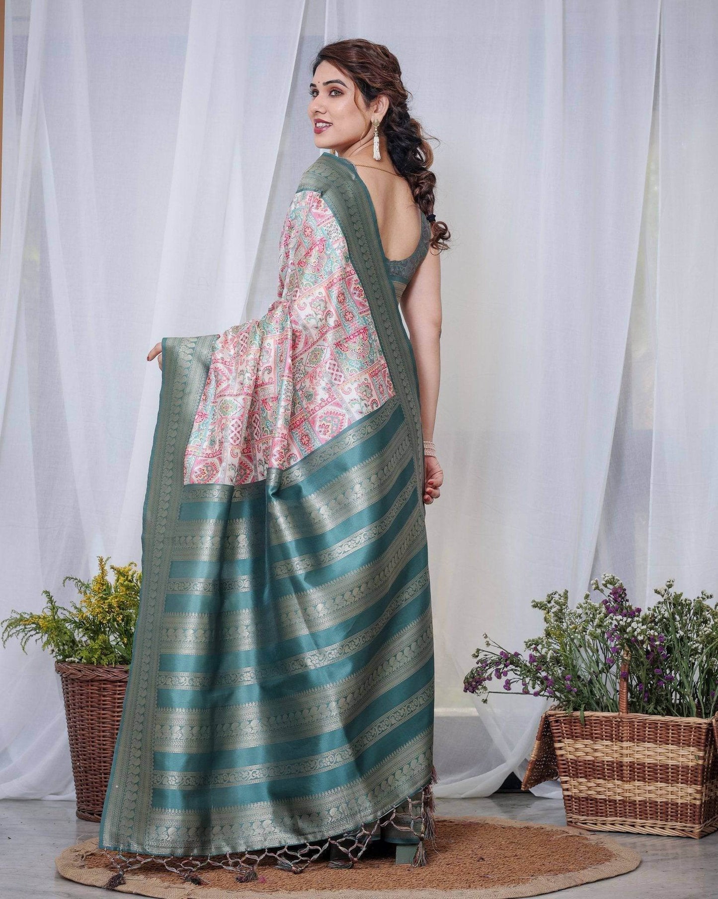 Teal Green Banarasi Silk Saree with Multicolor Digital Patchwork Print & Zari Border - SEEANS