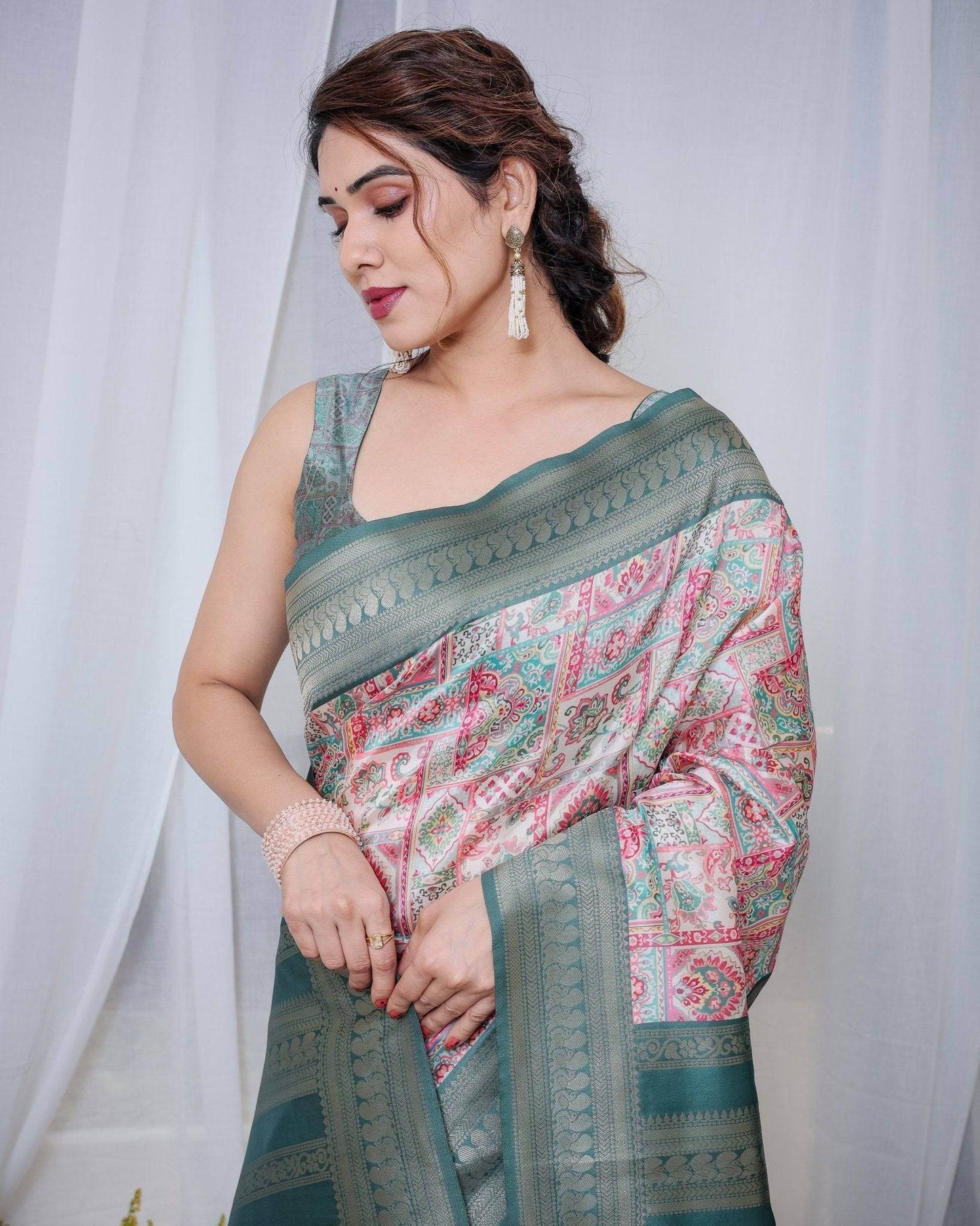 Teal Green Banarasi Silk Saree with Multicolor Digital Patchwork Print & Zari Border - SEEANS