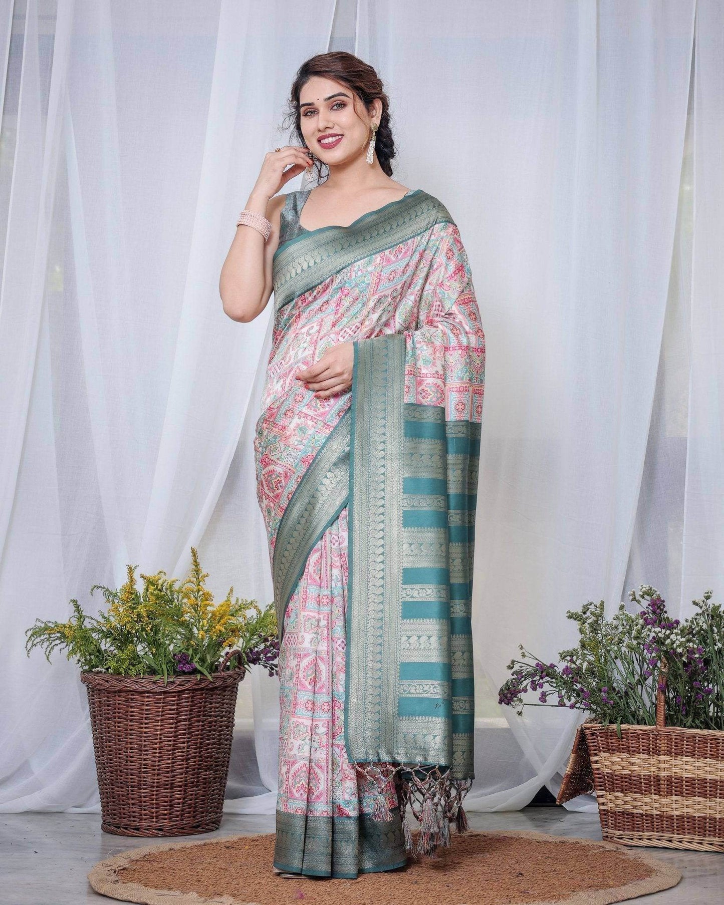 Teal Green Banarasi Silk Saree with Multicolor Digital Patchwork Print & Zari Border - SEEANS