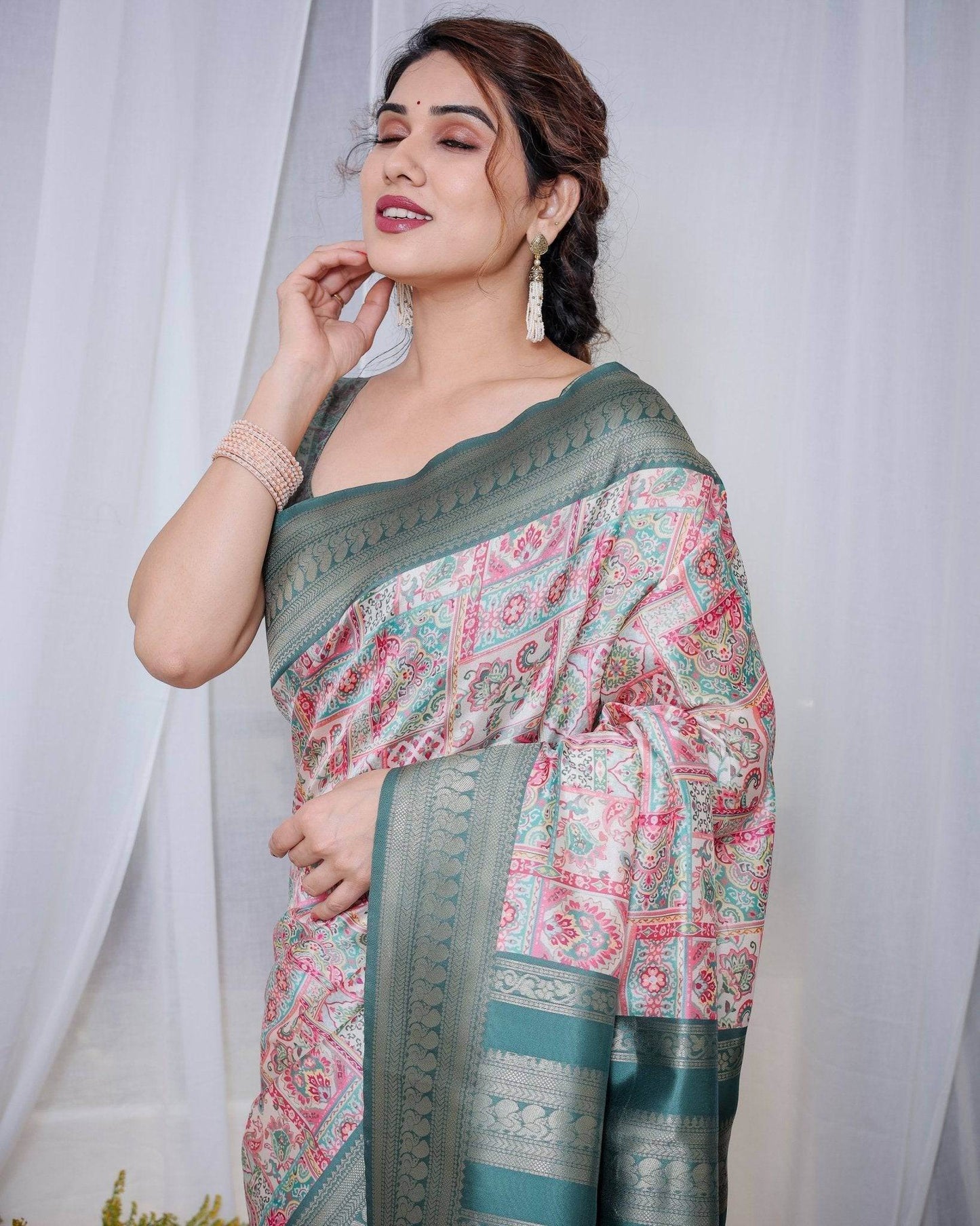 Teal Green Banarasi Silk Saree with Multicolor Digital Patchwork Print & Zari Border - SEEANS