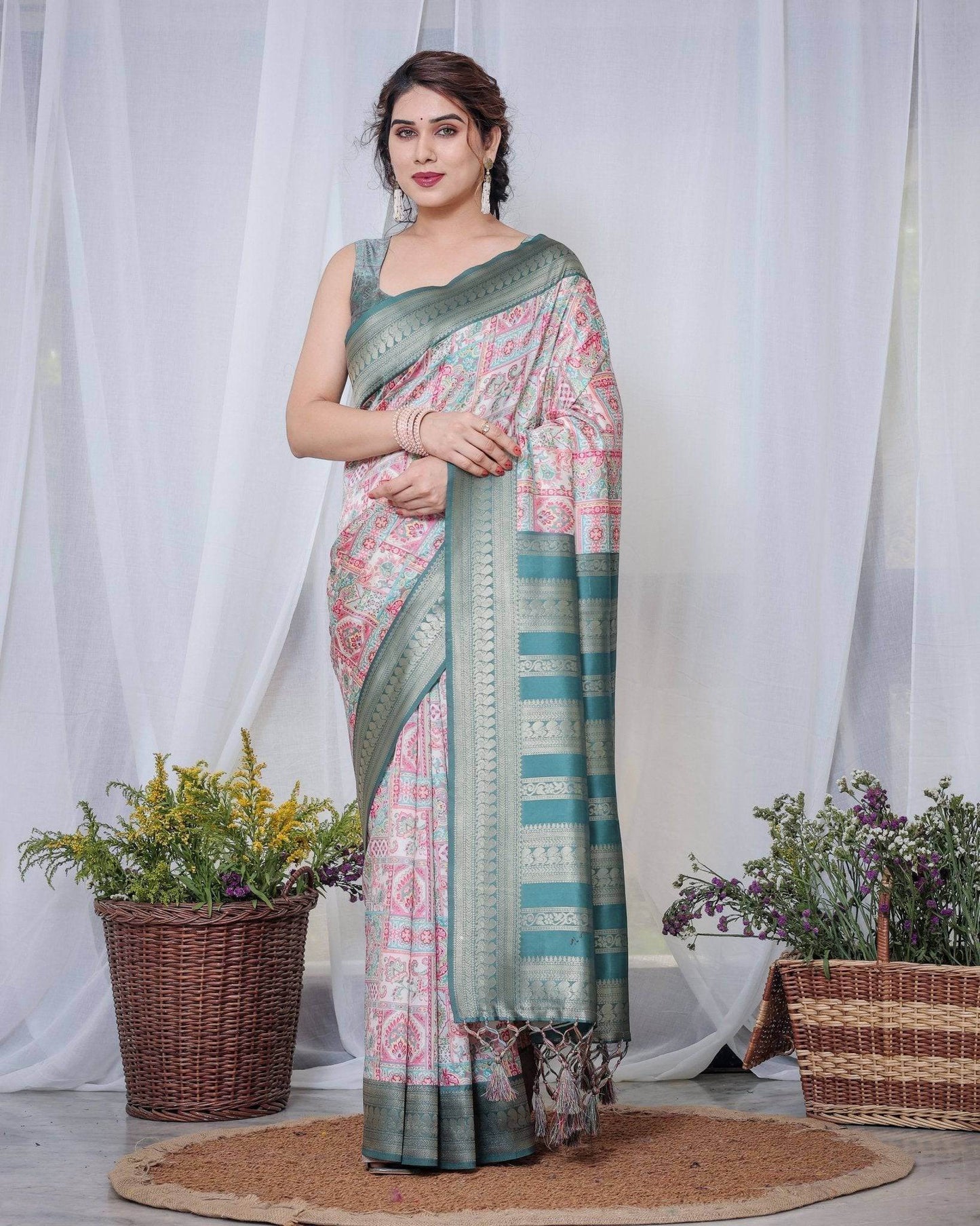 Teal Green Banarasi Silk Saree with Multicolor Digital Patchwork Print & Zari Border - SEEANS