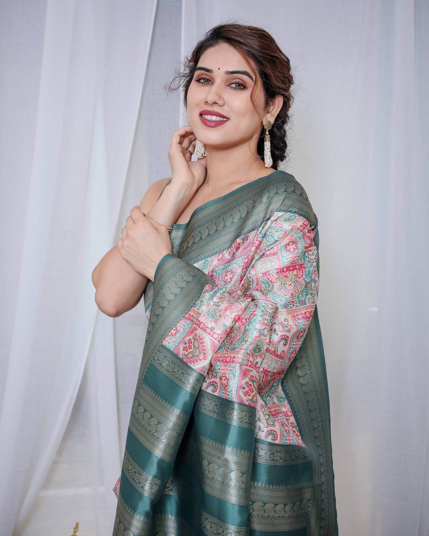 Teal Green Banarasi Silk Saree with Multicolor Digital Patchwork Print & Zari Border - SEEANS