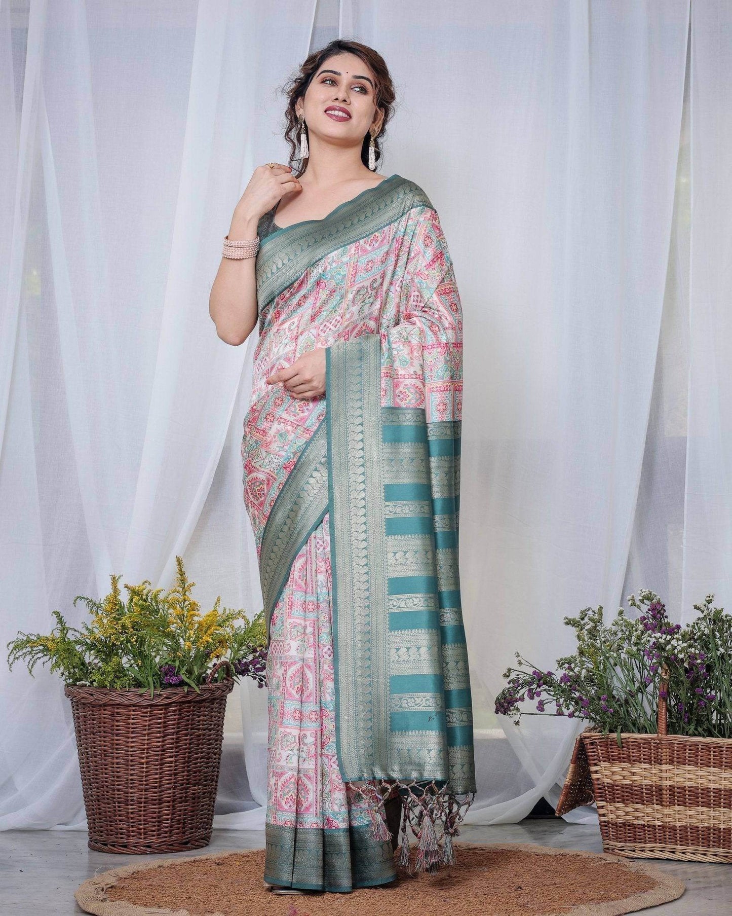Teal Green Banarasi Silk Saree with Multicolor Digital Patchwork Print & Zari Border - SEEANS