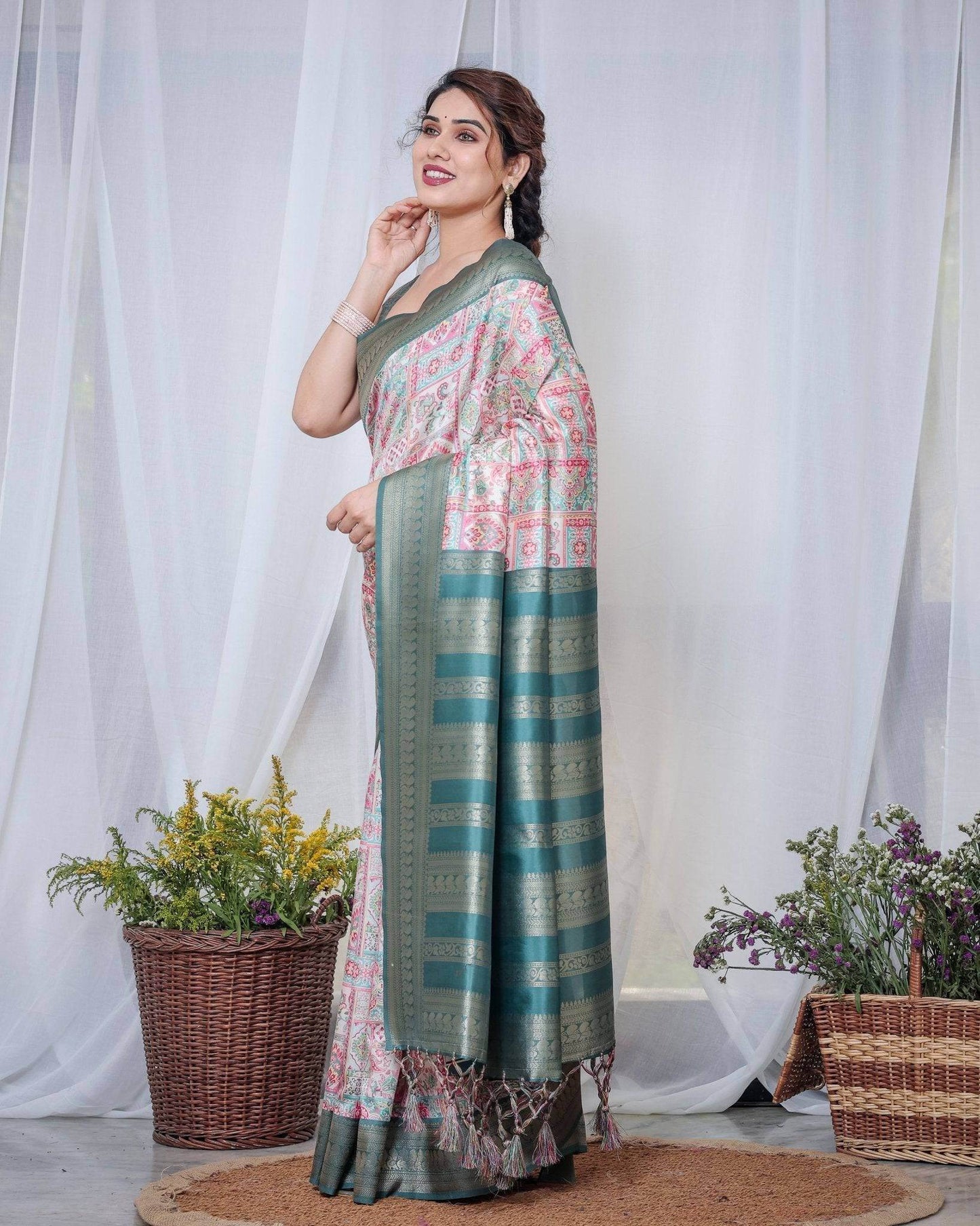 Teal Green Banarasi Silk Saree with Multicolor Digital Patchwork Print & Zari Border - SEEANS