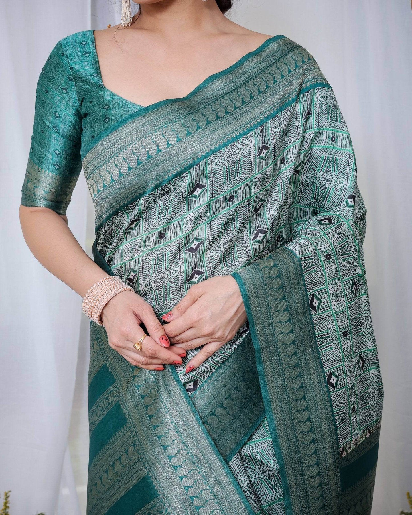 Banarasi Digitally Printed Green Silk Saree with Zari Weave and Elegant Tassels - SEEANS