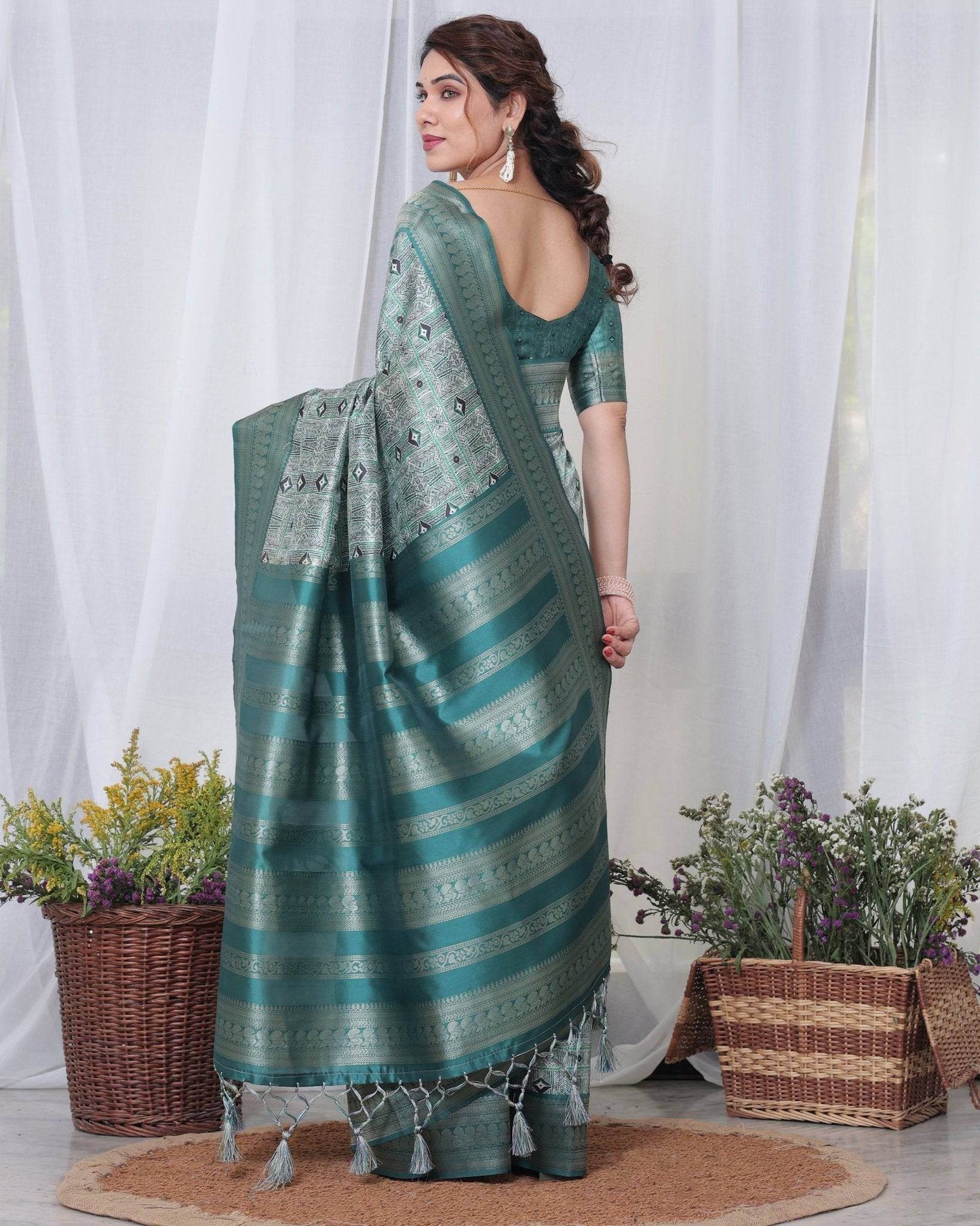Banarasi Digitally Printed Green Silk Saree with Zari Weave and Elegant Tassels - SEEANS