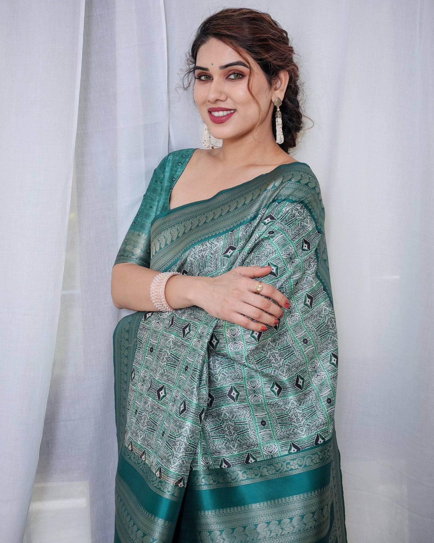 Banarasi Digitally Printed Green Silk Saree with Zari Weave and Elegant Tassels - SEEANS