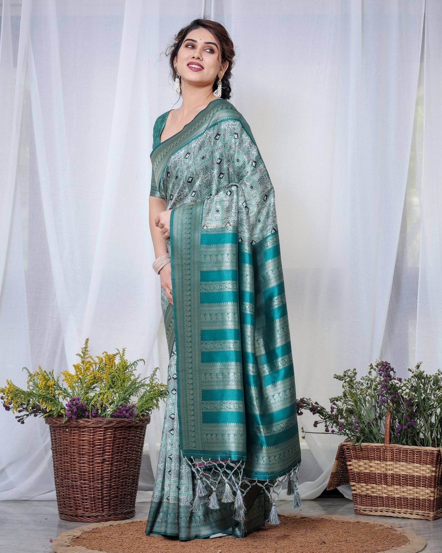 Banarasi Digitally Printed Green Silk Saree with Zari Weave and Elegant Tassels - SEEANS
