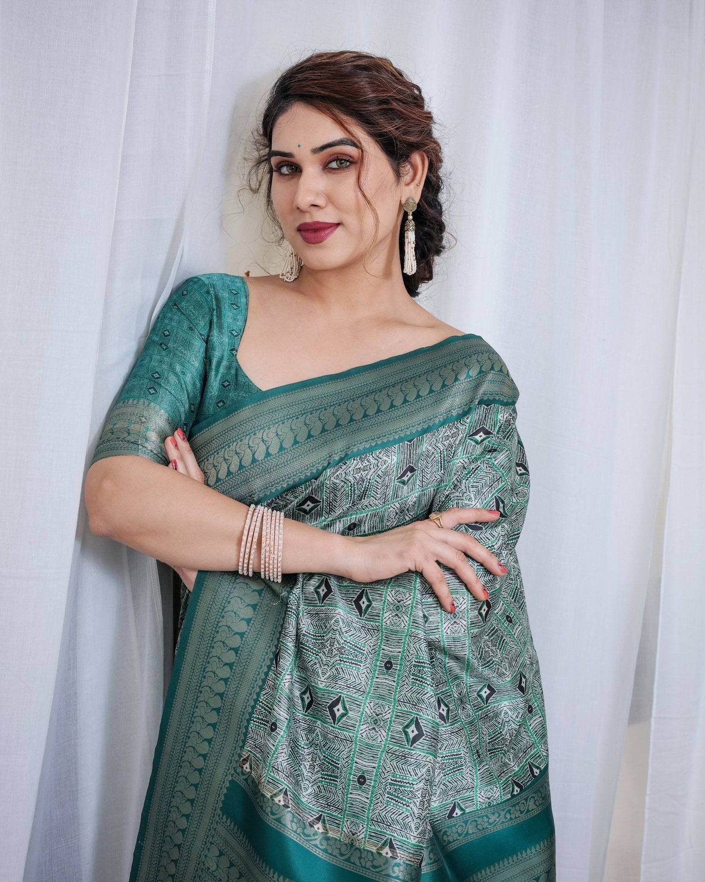 Banarasi Digitally Printed Green Silk Saree with Zari Weave and Elegant Tassels - SEEANS