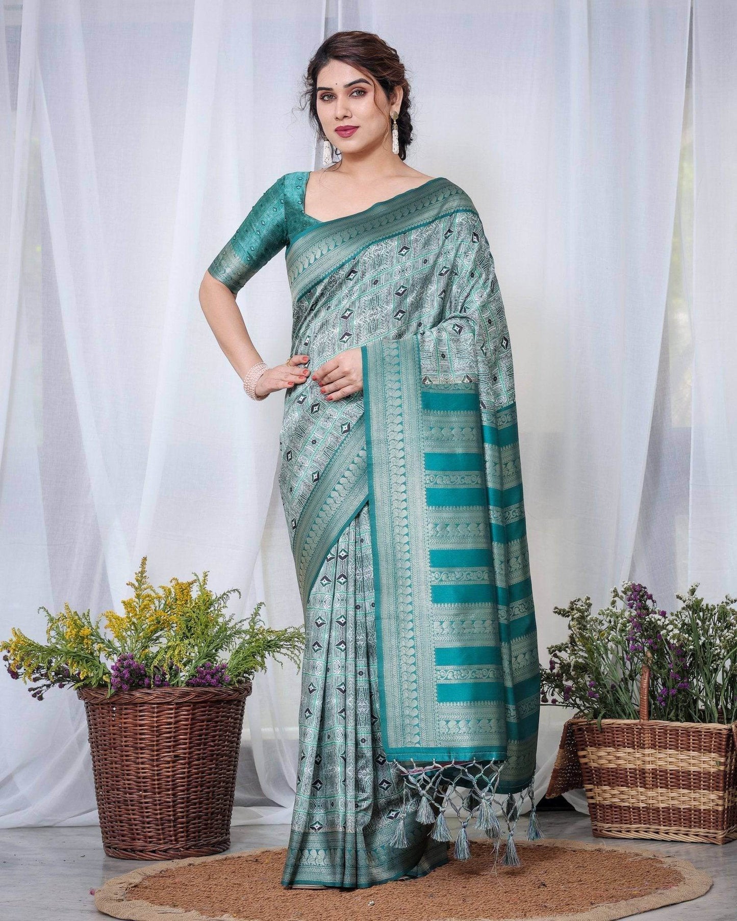 Banarasi Digitally Printed Green Silk Saree with Zari Weave and Elegant Tassels - SEEANS