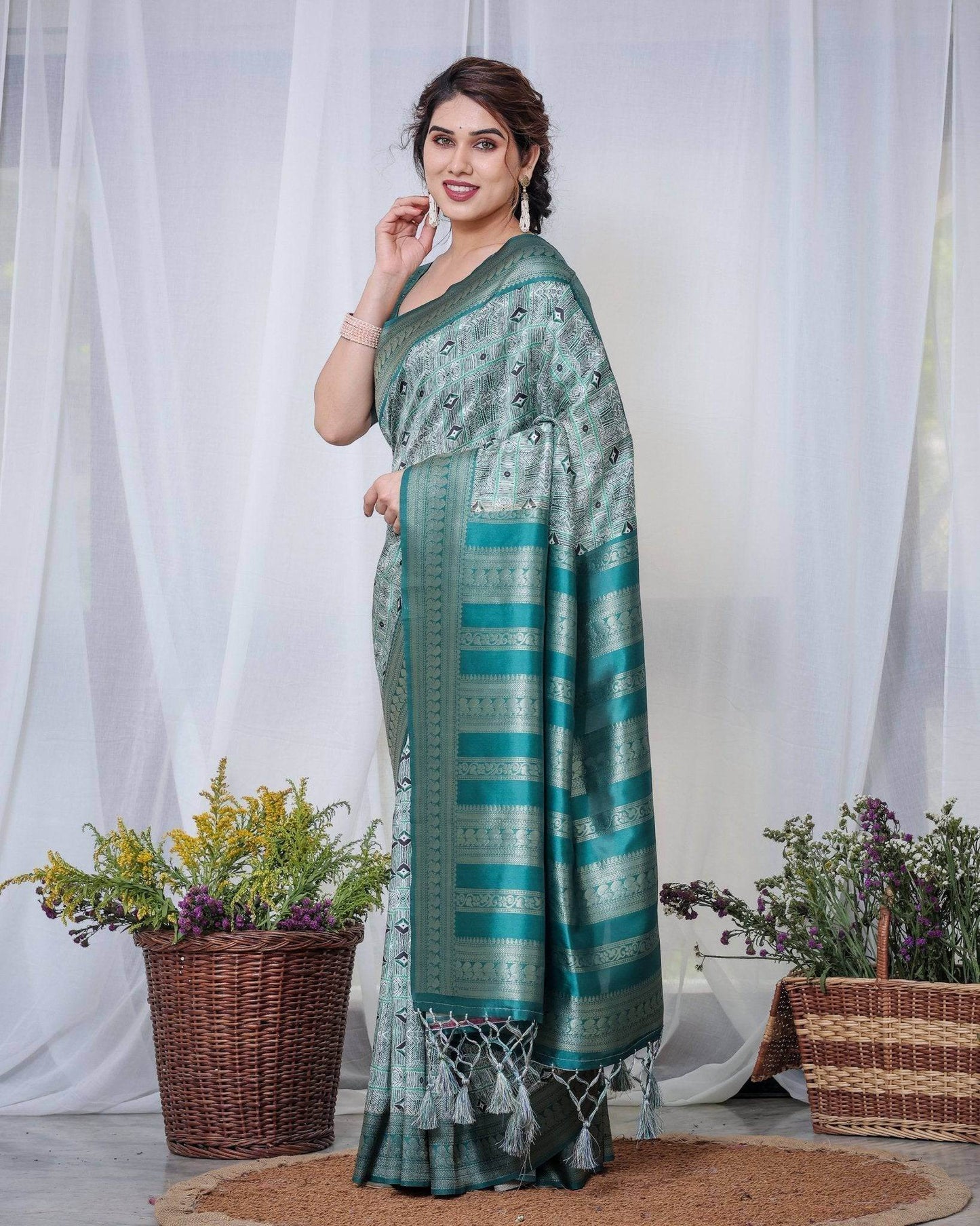 Banarasi Digitally Printed Green Silk Saree with Zari Weave and Elegant Tassels - SEEANS