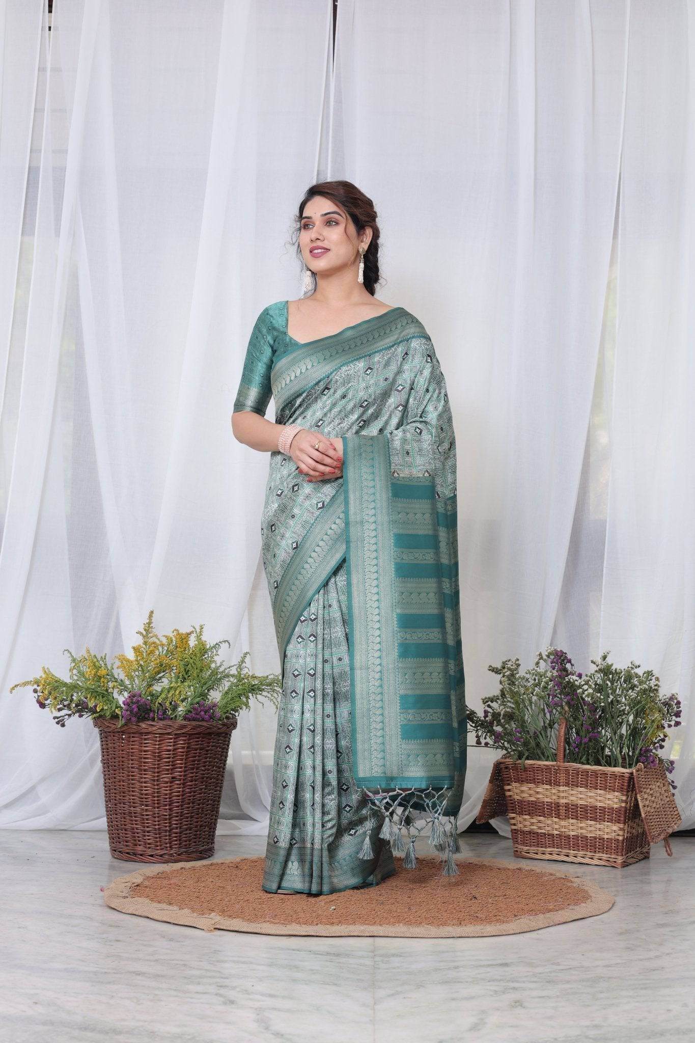 Banarasi Digitally Printed Green Silk Saree with Zari Weave and Elegant Tassels - SEEANS