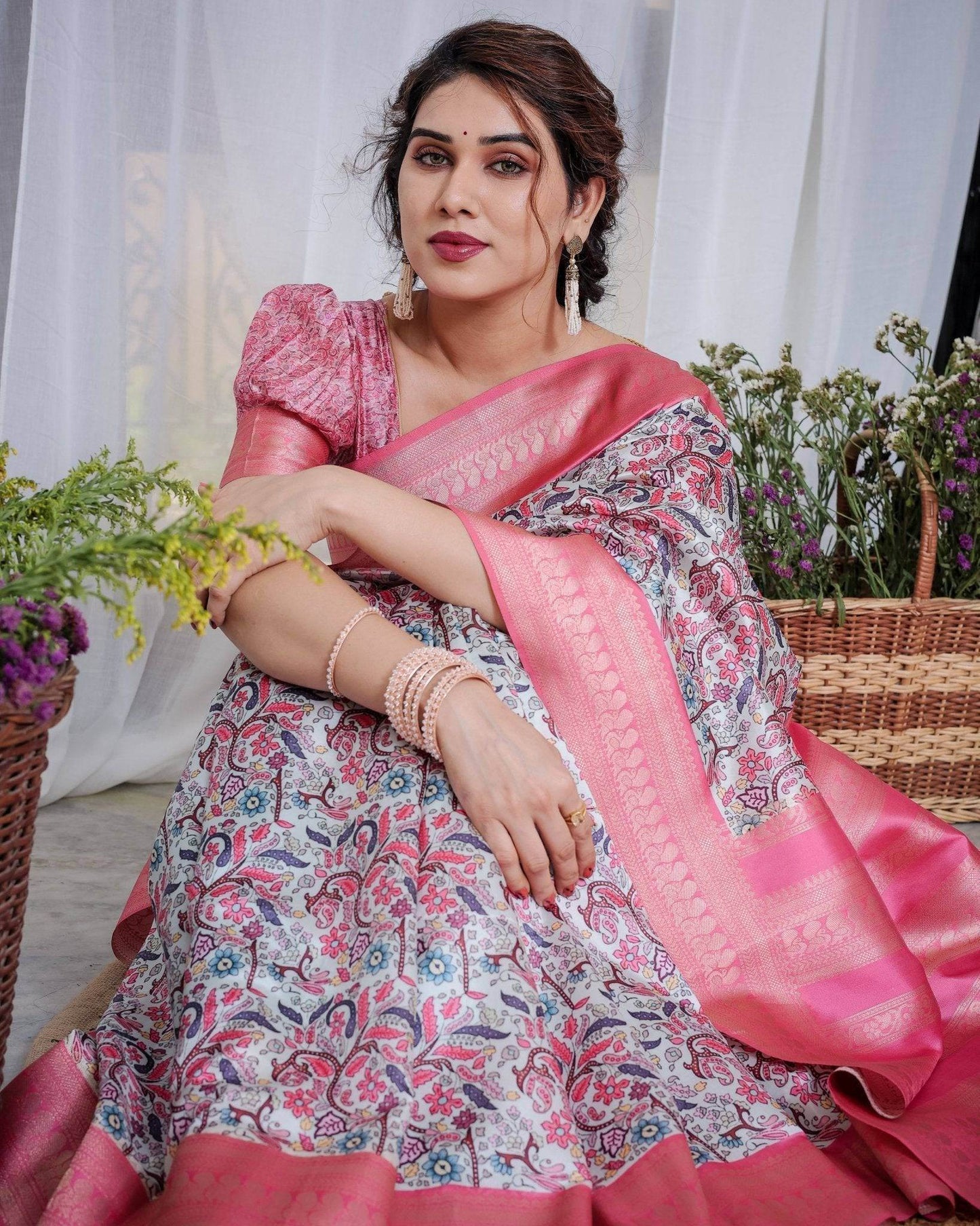 Ivory Banarasi Silk Saree with Vibrant Paisley Digital Print, Pink Zari Border & Tassel Pallu - SEEANS